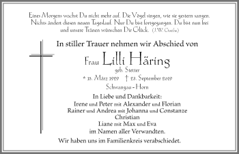 Traueranzeige von Lilli Häring von Allgäuer Zeitung, Füssen