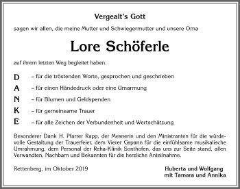 Traueranzeige von Lore Schöferle von Allgäuer Anzeigeblatt