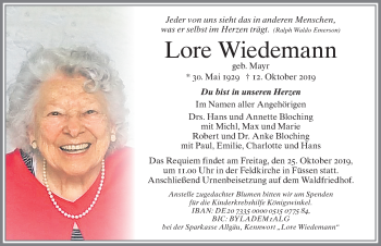 Traueranzeige von Lore Wiedemann von Allgäuer Zeitung
