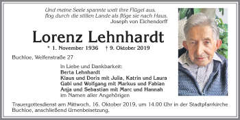 Traueranzeige von Lorenz Lehnhardt von Allgäuer Zeitung, Kaufbeuren/Buchloe