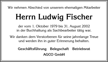 Traueranzeige von Ludwig Fischer von Allgäuer Zeitung, Marktoberdorf