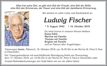 Traueranzeige von Ludwig Fischer von Allgäuer Zeitung, Marktoberdorf