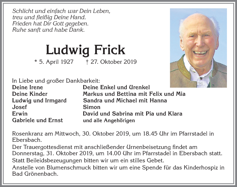  Traueranzeige für Ludwig Frick vom 29.10.2019 aus Allgäuer Zeitung, Marktoberdorf