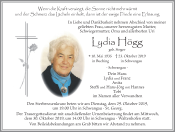 Traueranzeige von Lydia Högg von Allgäuer Zeitung, Füssen