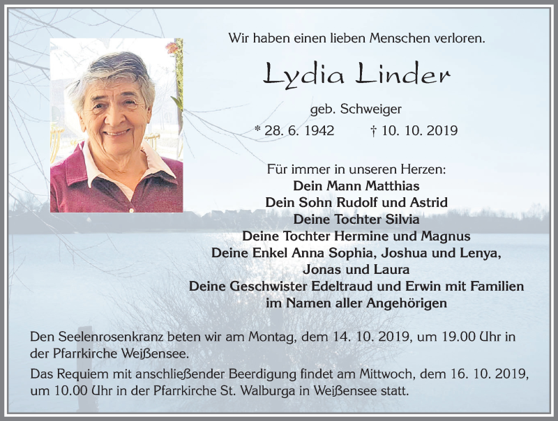  Traueranzeige für Lydia Linder vom 12.10.2019 aus Allgäuer Zeitung, Füssen