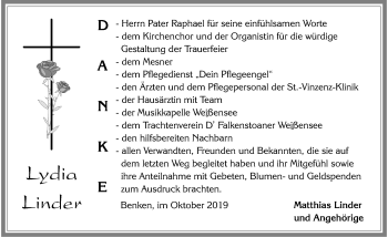 Traueranzeige von Lydia Linder von Allgäuer Zeitung, Füssen