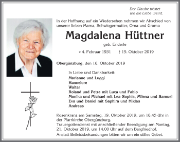 Traueranzeige von Magdalena Hüttner von Allgäuer Zeitung, Marktoberdorf