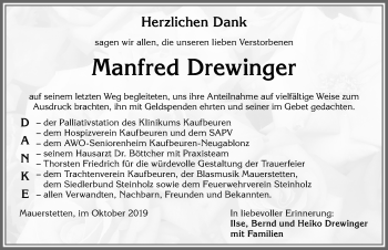Traueranzeige von Manfred Drewinger von Allgäuer Zeitung, Kaufbeuren/Buchloe