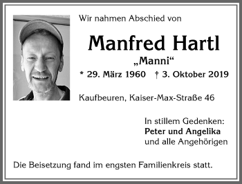 Traueranzeige von Manfred Hartl von Allgäuer Zeitung, Kaufbeuren/Buchloe