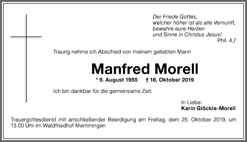  Traueranzeige für Manfred Morell vom 22.10.2019 aus Memminger Zeitung