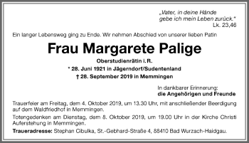 Traueranzeige von Margarete Palige von Memminger Zeitung