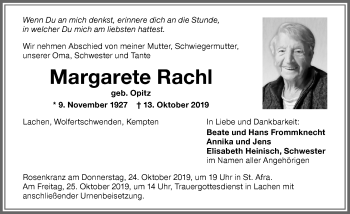 Traueranzeige von Margarete Rachl von Memminger Zeitung