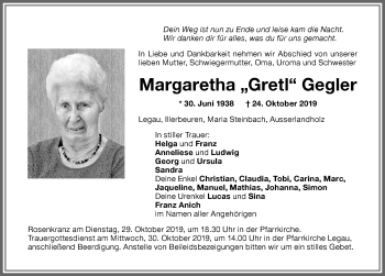 Traueranzeige von Margaretha Gegler von Memminger Zeitung