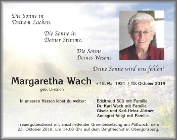Traueranzeige von Margaretha Wach von Allgäuer Zeitung, Marktoberdorf