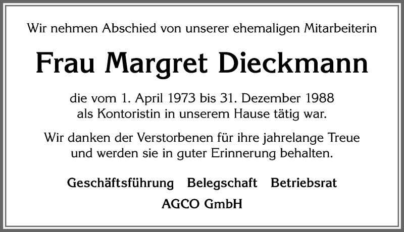  Traueranzeige für Margret Dieckmann vom 12.10.2019 aus Allgäuer Zeitung, Marktoberdorf