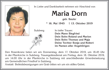 Traueranzeige von Maria Dorn von Allgäuer Zeitung,Kempten