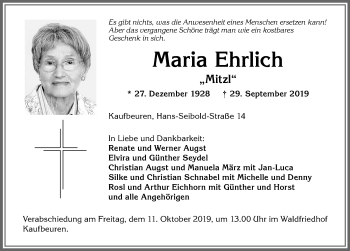 Traueranzeige von Maria Ehrlich von Allgäuer Zeitung, Kaufbeuren/Buchloe