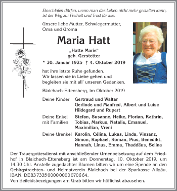 Traueranzeige von Maria Hatt von Allgäuer Anzeigeblatt