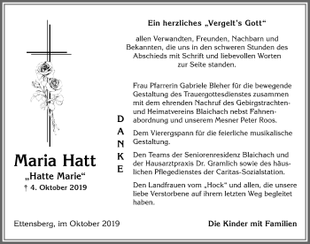 Traueranzeige von Maria Hatt von Allgäuer Anzeigeblatt