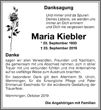 Traueranzeige von Maria Kiebler von Memminger Zeitung