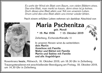 Traueranzeige von Maria Pschenitza von Allgäuer Zeitung, Kaufbeuren/Buchloe