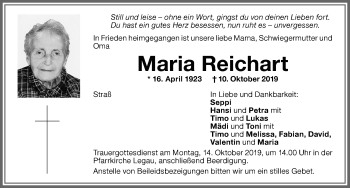 Traueranzeige von Maria Reichart von Memminger Zeitung
