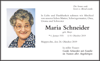Traueranzeige von Maria Schneider von Der Westallgäuer