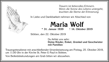 Traueranzeige von Maria Wolf von Allgäuer Zeitung, Marktoberdorf