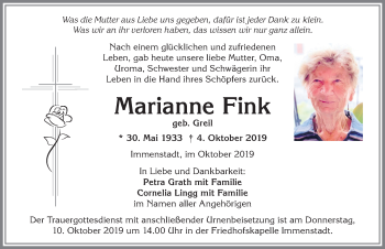 Traueranzeige von Marianne Fink von Allgäuer Anzeigeblatt