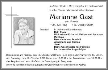 Traueranzeige von Marianne Gast von Allgäuer Zeitung