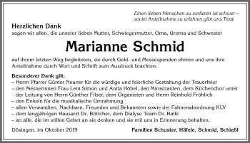Traueranzeige von Marianne Schmid von Allgäuer Zeitung, Kaufbeuren/Buchloe