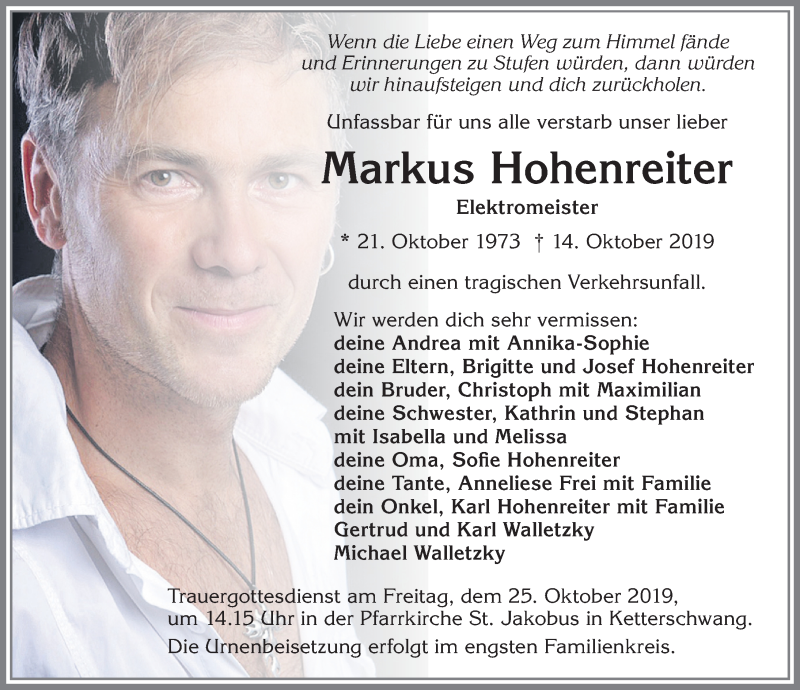  Traueranzeige für Markus Hohenreiter vom 24.10.2019 aus Allgäuer Zeitung