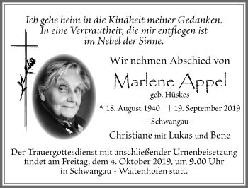 Traueranzeige von Marlene Appel von Allgäuer Zeitung, Füssen
