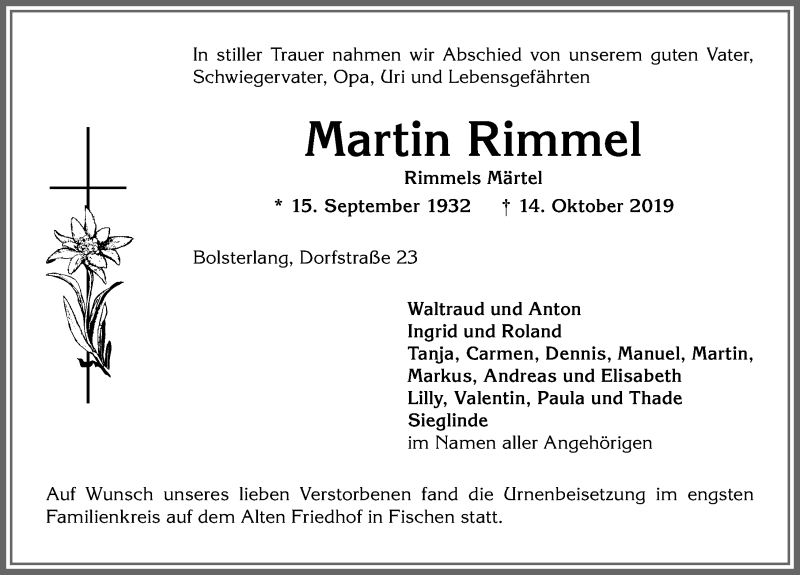  Traueranzeige für Martin Rimmel vom 30.10.2019 aus Allgäuer Anzeigeblatt