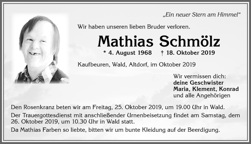  Traueranzeige für Mathias Schmölz vom 24.10.2019 aus Allgäuer Zeitung, Marktoberdorf