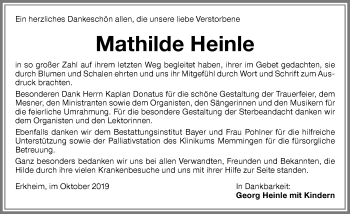 Traueranzeige von Mathilde Heinle von Memminger Zeitung