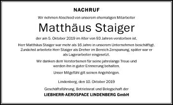 Traueranzeige von Matthäus Staiger von Der Westallgäuer