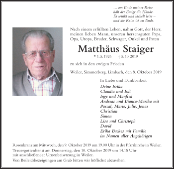 Traueranzeige von Matthäus Staiger von Der Westallgäuer