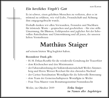 Traueranzeige von Matthäus Staiger von Der Westallgäuer
