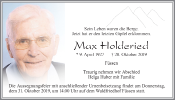 Traueranzeige von Max Holderied von Allgäuer Zeitung, Füssen