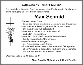 Traueranzeige von Max Schmid von Allgäuer Anzeigeblatt