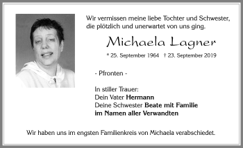 Traueranzeige von Michaela Lagner von Allgäuer Zeitung, Füssen