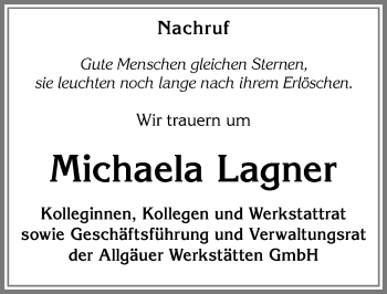 Traueranzeige von Michaela Lagner von Allgäuer Zeitung