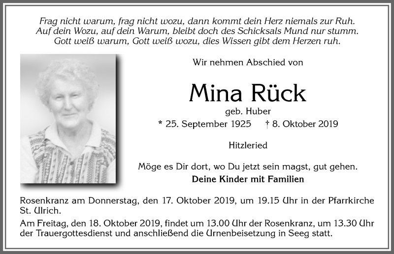  Traueranzeige für Mina Rück vom 15.10.2019 aus Allgäuer Zeitung, Füssen