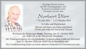Traueranzeige von Norbert Dürr von Allgäuer Zeitung, Marktoberdorf