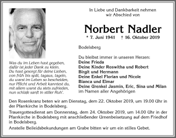 Traueranzeige von Norbert Nadler von Allgäuer Zeitung,Kempten