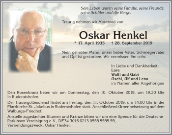 Traueranzeige von Oskar Henkel von Allgäuer Zeitung, Marktoberdorf