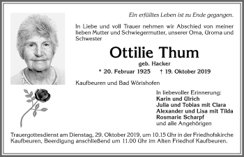 Traueranzeige von Ottilie Thum von Allgäuer Zeitung, Kaufbeuren/Buchloe