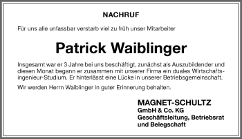 Traueranzeige von Patrick Waiblinger von Memminger Zeitung