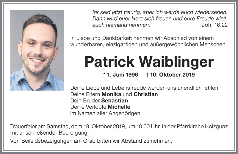  Traueranzeige für Patrick Waiblinger vom 17.10.2019 aus Memminger Zeitung